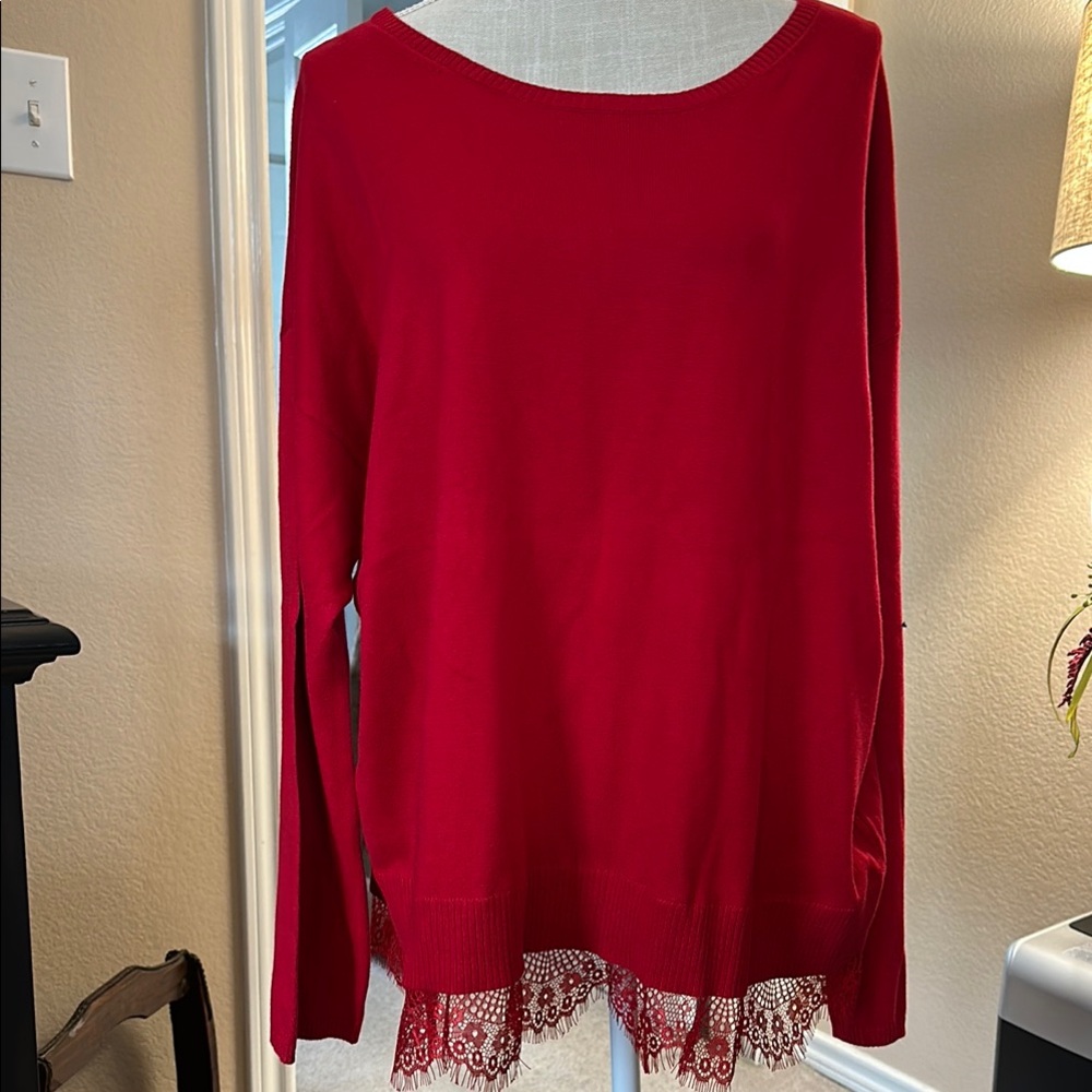 Ladies Plus Red Sweater with Lace Hem